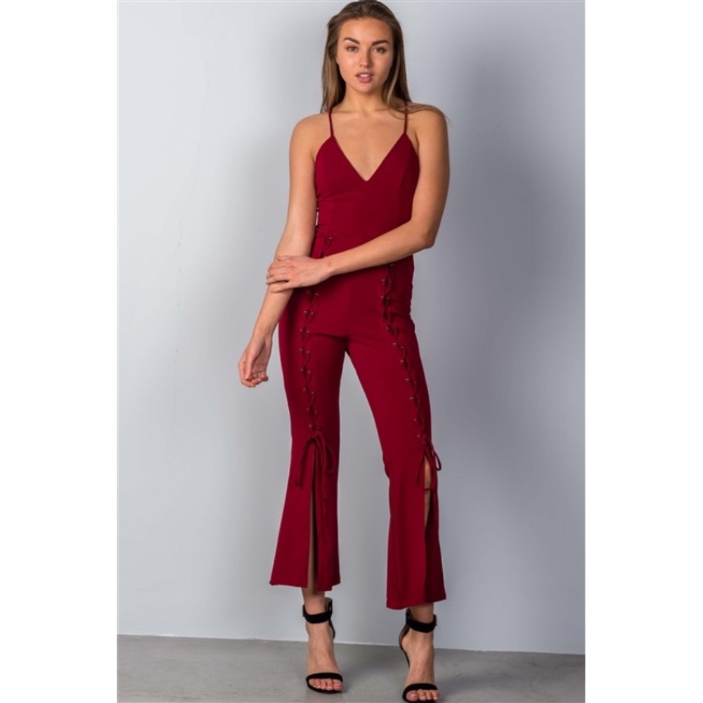 WIDE SPLIT LEG LACE-UP JUMPSUIT IN RED